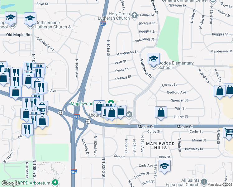 map of restaurants, bars, coffee shops, grocery stores, and more near 10021 Emmet Street in Omaha
