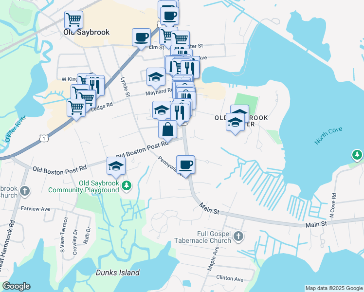 map of restaurants, bars, coffee shops, grocery stores, and more near 287 Main Street in Old Saybrook