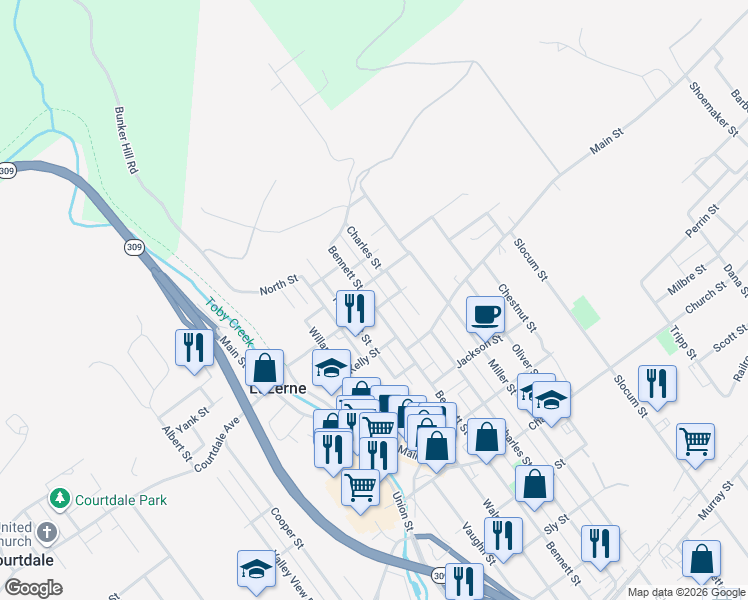 map of restaurants, bars, coffee shops, grocery stores, and more near 201-209 Bishop Ln in Luzerne