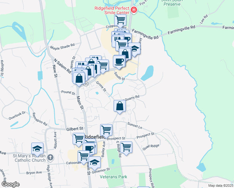 map of restaurants, bars, coffee shops, grocery stores, and more near 55 Old Quarry Road in Ridgefield