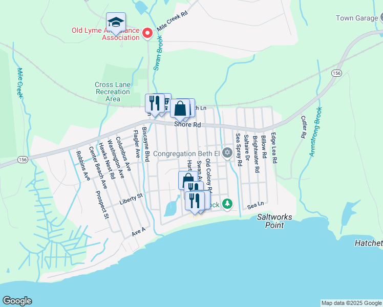 map of restaurants, bars, coffee shops, grocery stores, and more near 13 Swan Avenue in Old Lyme