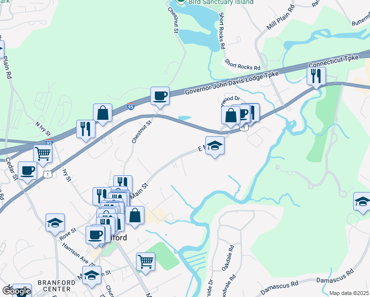 map of restaurants, bars, coffee shops, grocery stores, and more near 251 North Main Street in Branford