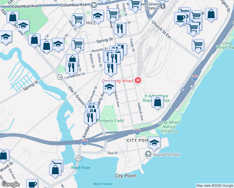 map of restaurants, bars, coffee shops, grocery stores, and more near 391 Greenwich Avenue in New Haven