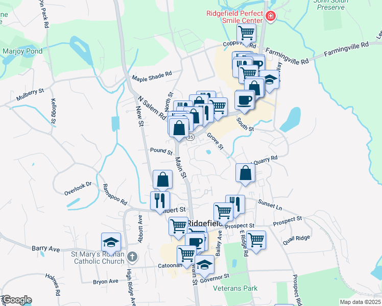 map of restaurants, bars, coffee shops, grocery stores, and more near 12 Stebbins Close in Ridgefield
