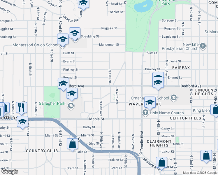 map of restaurants, bars, coffee shops, grocery stores, and more near 3304 North 49th Street in Omaha