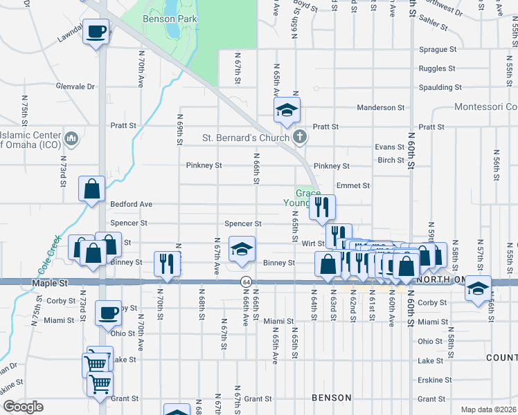 map of restaurants, bars, coffee shops, grocery stores, and more near 6532 Bedford Avenue in Omaha