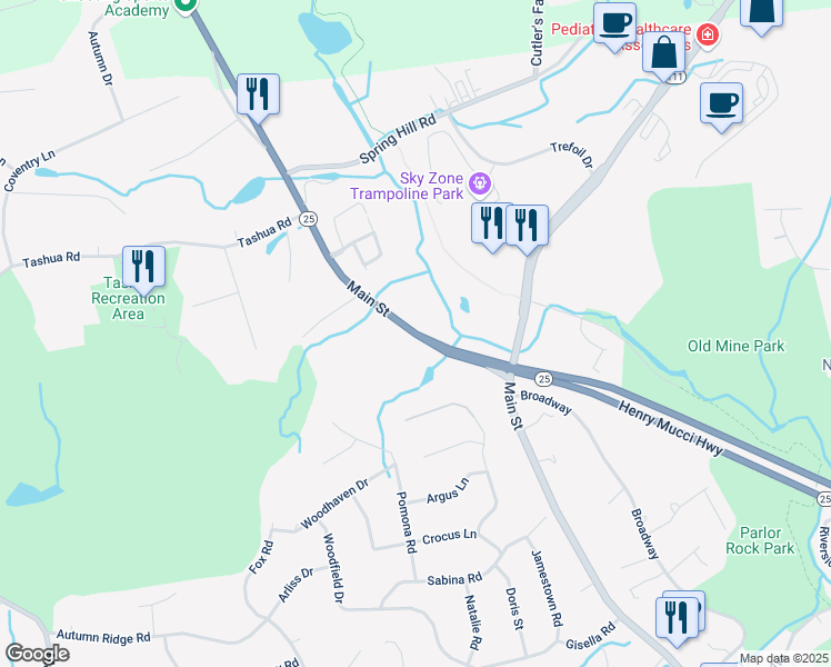 map of restaurants, bars, coffee shops, grocery stores, and more near 6915 Main Street in Trumbull