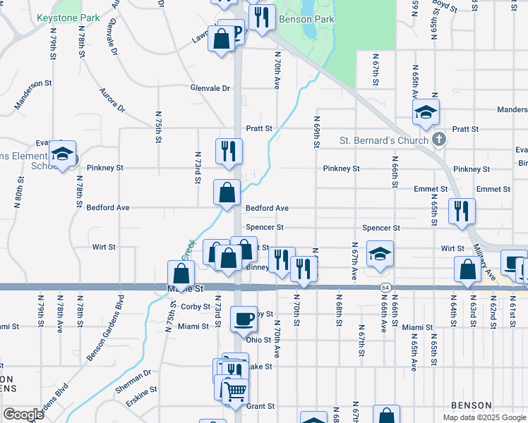 map of restaurants, bars, coffee shops, grocery stores, and more near 7065 Bedford Avenue in Omaha