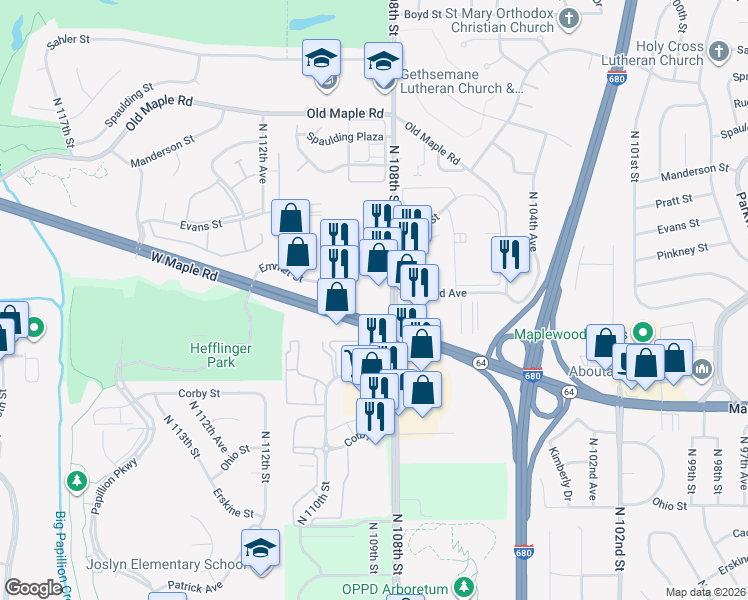 map of restaurants, bars, coffee shops, grocery stores, and more near 3321 109th Plaza in Omaha