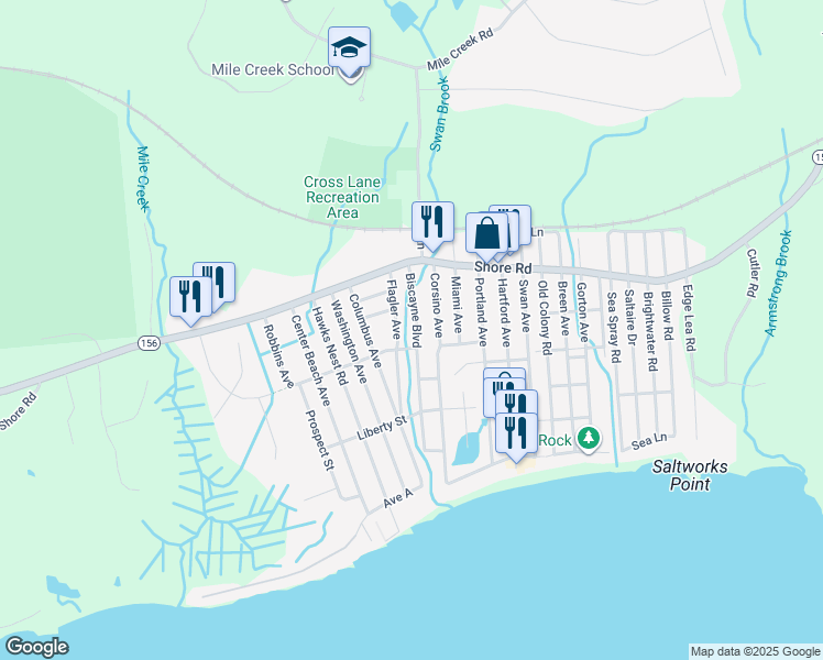map of restaurants, bars, coffee shops, grocery stores, and more near 15 Biscayne Boulevard in Old Lyme