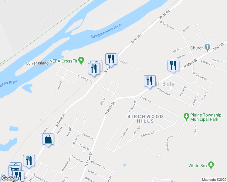 map of restaurants, bars, coffee shops, grocery stores, and more near 86 Courtright Street in Wilkes-Barre