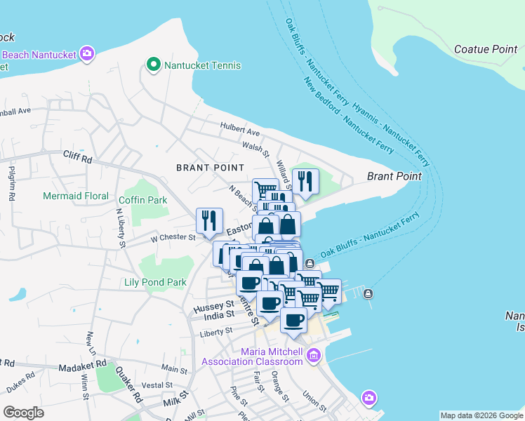 map of restaurants, bars, coffee shops, grocery stores, and more near 8 Cornish Street in Nantucket