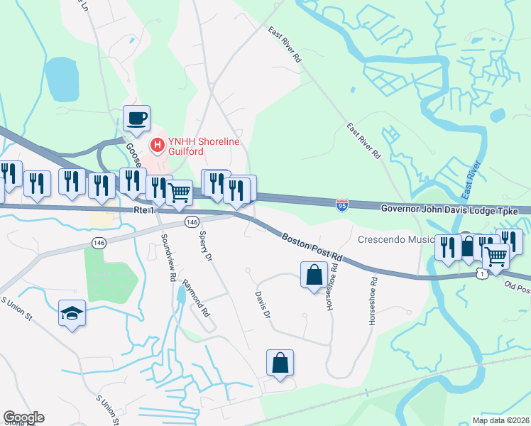 map of restaurants, bars, coffee shops, grocery stores, and more near 271 Boston Post Road in Guilford