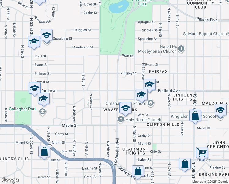 map of restaurants, bars, coffee shops, grocery stores, and more near 3304 Fontenelle Boulevard in Omaha