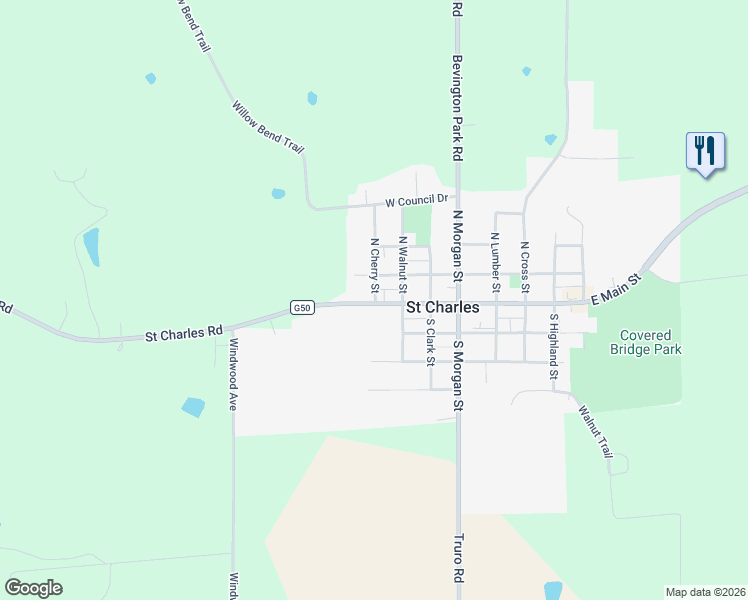 map of restaurants, bars, coffee shops, grocery stores, and more near 114 North Cherry Street in Saint Charles