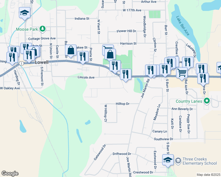 map of restaurants, bars, coffee shops, grocery stores, and more near 1300 Woodland Drive in Lowell