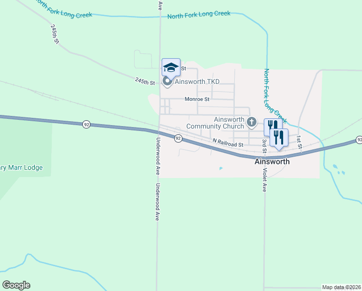 map of restaurants, bars, coffee shops, grocery stores, and more near Highway 92 in Ainsworth
