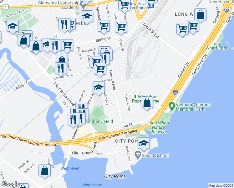 map of restaurants, bars, coffee shops, grocery stores, and more near 269 Howard Avenue in New Haven