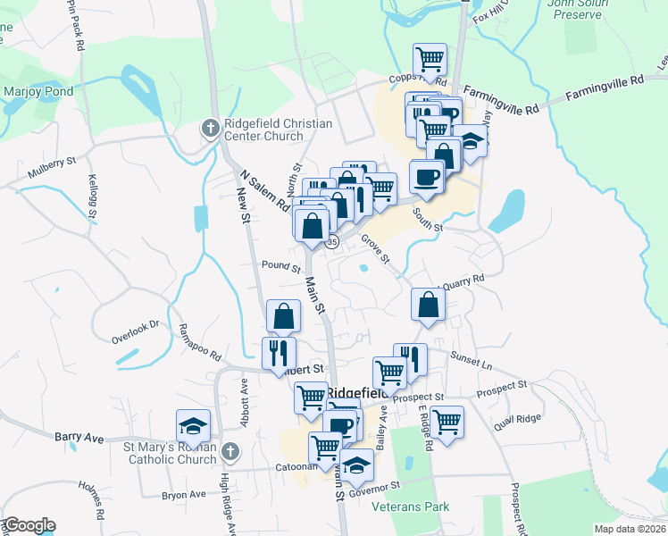 map of restaurants, bars, coffee shops, grocery stores, and more near 12 Stebbins Close in Ridgefield