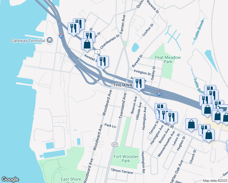 map of restaurants, bars, coffee shops, grocery stores, and more near 348 Prospect Avenue in New Haven