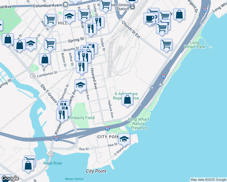 map of restaurants, bars, coffee shops, grocery stores, and more near in New Haven