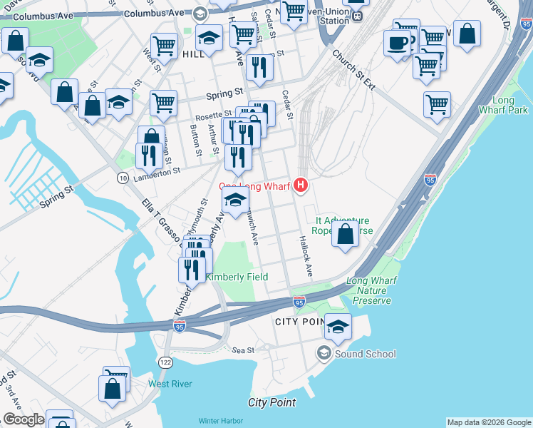 map of restaurants, bars, coffee shops, grocery stores, and more near 57 2nd Street in New Haven