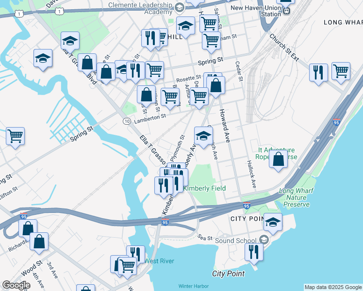 map of restaurants, bars, coffee shops, grocery stores, and more near 114 Plymouth Street in New Haven