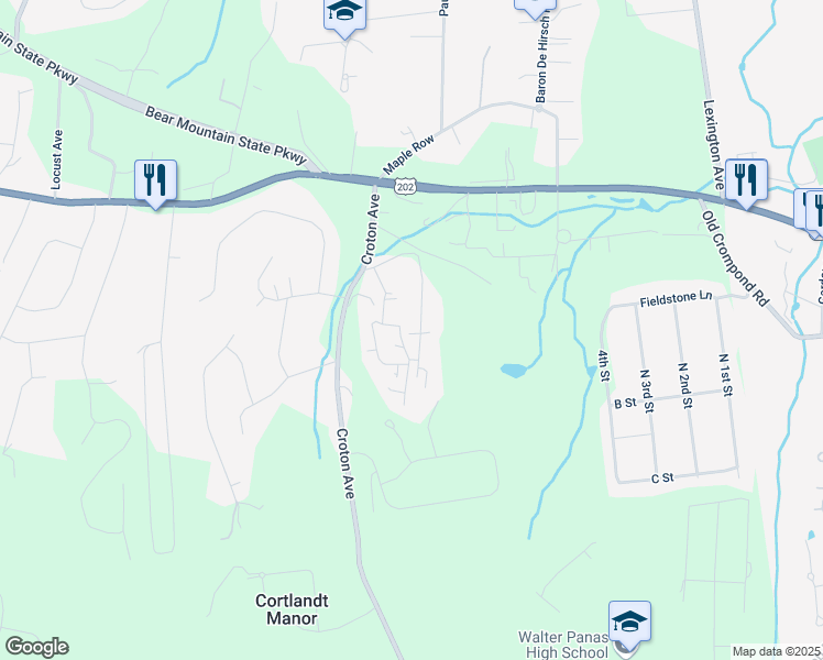 map of restaurants, bars, coffee shops, grocery stores, and more near 115 Redwood Street in Cortlandt