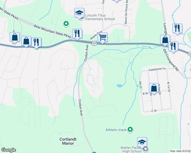map of restaurants, bars, coffee shops, grocery stores, and more near 115 Redwood Street in Cortlandt