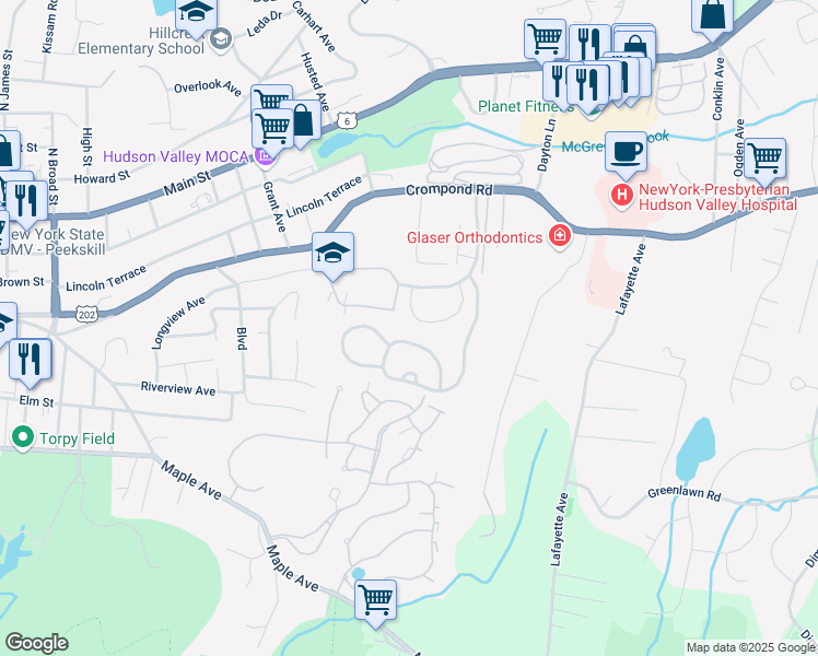 map of restaurants, bars, coffee shops, grocery stores, and more near 63 Bleakley Drive in Peekskill