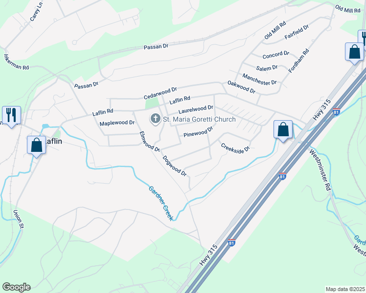 map of restaurants, bars, coffee shops, grocery stores, and more near 92 Elmwood Drive in Wilkes-Barre