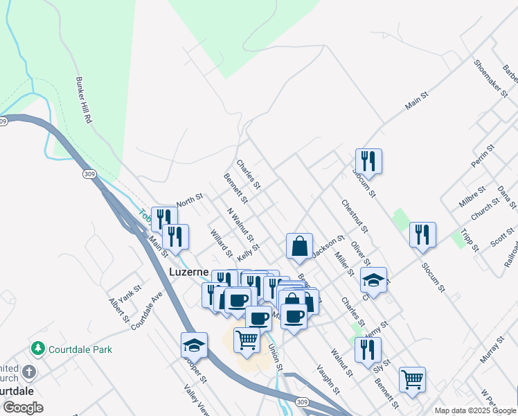map of restaurants, bars, coffee shops, grocery stores, and more near 201-209 Bishop Ln in Luzerne