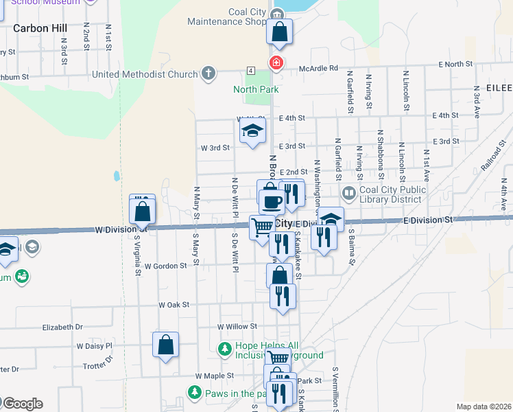 map of restaurants, bars, coffee shops, grocery stores, and more near 120 West 1st Street in Coal City