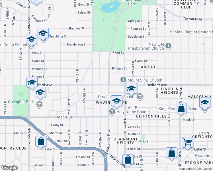 map of restaurants, bars, coffee shops, grocery stores, and more near 3304 Fontenelle Boulevard in Omaha