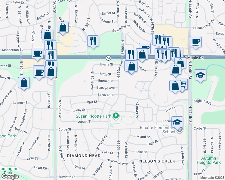 map of restaurants, bars, coffee shops, grocery stores, and more near 15068 Bedford Avenue in Omaha