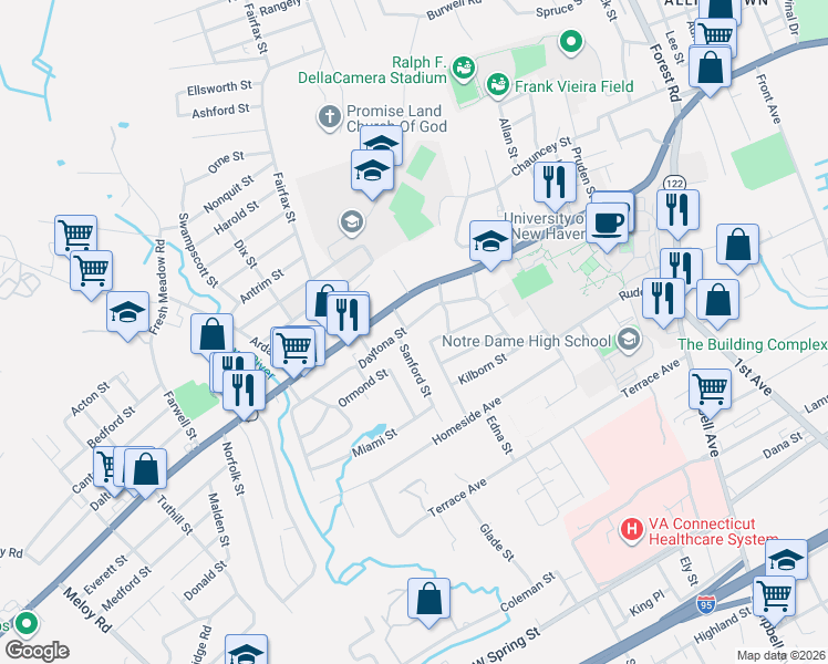 map of restaurants, bars, coffee shops, grocery stores, and more near 116 Daytona Street in West Haven
