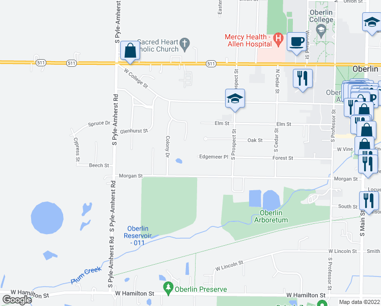 map of restaurants, bars, coffee shops, grocery stores, and more near 376 Edgemeer Place in Oberlin