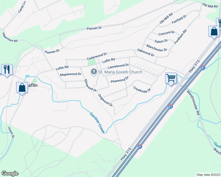 map of restaurants, bars, coffee shops, grocery stores, and more near 92 Elmwood Drive in Wilkes-Barre