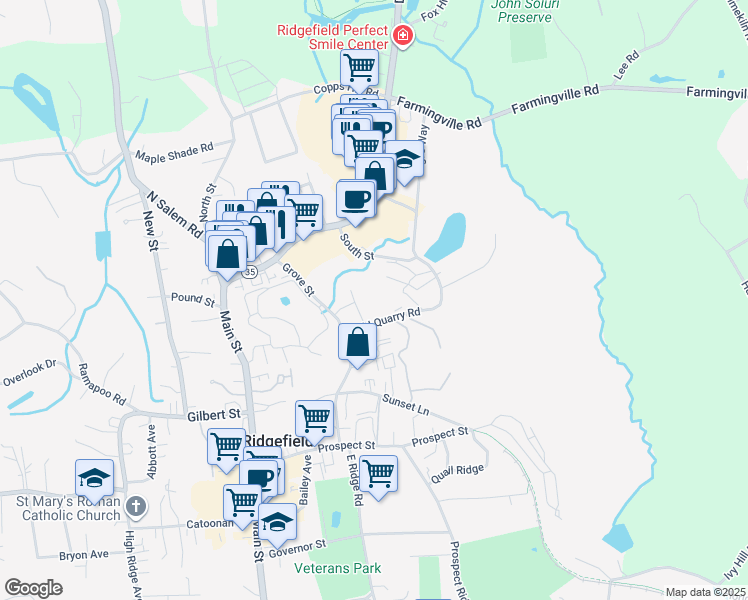 map of restaurants, bars, coffee shops, grocery stores, and more near 55 Old Quarry Road in Ridgefield