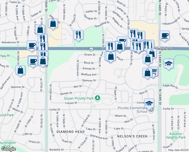 map of restaurants, bars, coffee shops, grocery stores, and more near 15068 Bedford Avenue in Omaha
