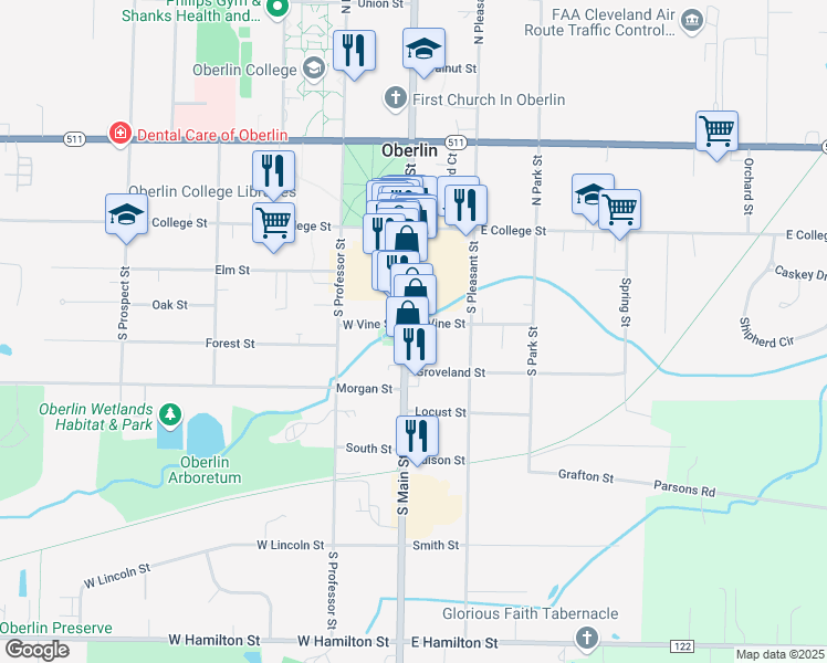 map of restaurants, bars, coffee shops, grocery stores, and more near 93 South Main Street in Oberlin
