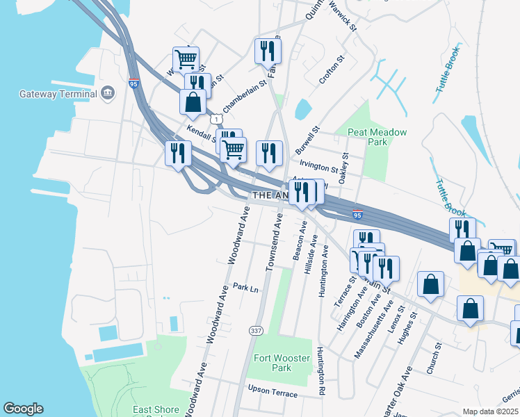 map of restaurants, bars, coffee shops, grocery stores, and more near 348 Prospect Avenue in New Haven