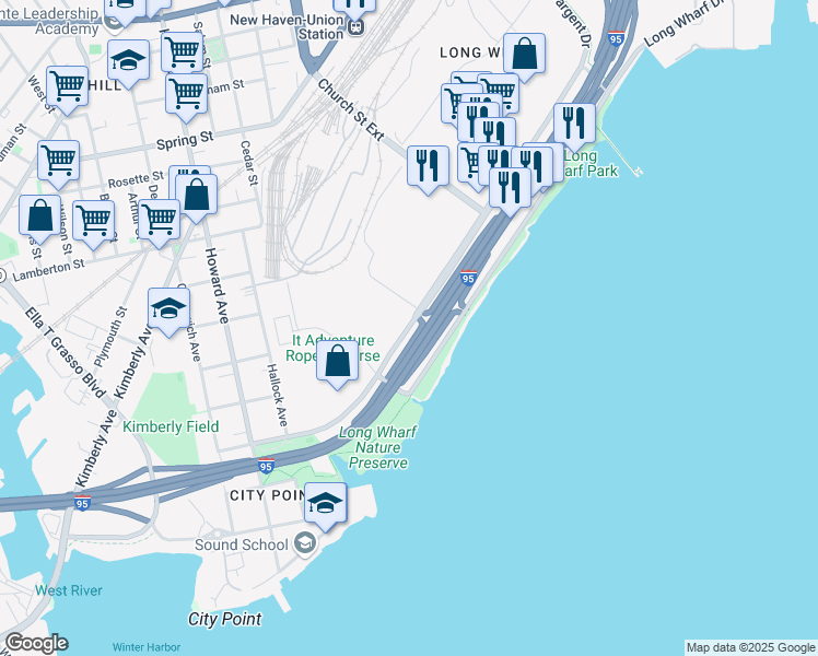 map of restaurants, bars, coffee shops, grocery stores, and more near 90 Sargent Drive in New Haven