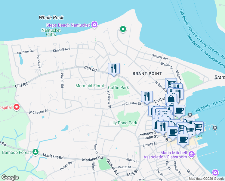 map of restaurants, bars, coffee shops, grocery stores, and more near 4 Gifford Street in Nantucket