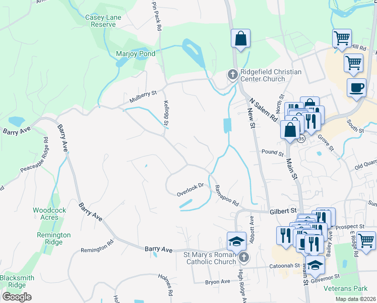map of restaurants, bars, coffee shops, grocery stores, and more near 16 Victor Drive in Ridgefield
