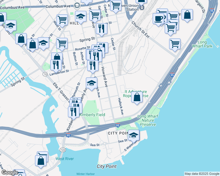 map of restaurants, bars, coffee shops, grocery stores, and more near 57 2nd Street in New Haven