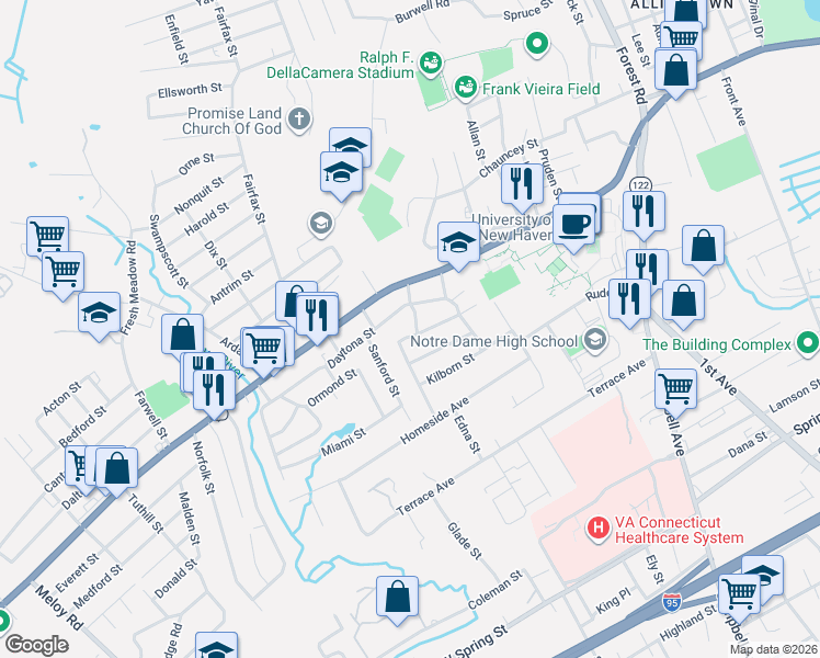 map of restaurants, bars, coffee shops, grocery stores, and more near 46 Barbara Street in West Haven