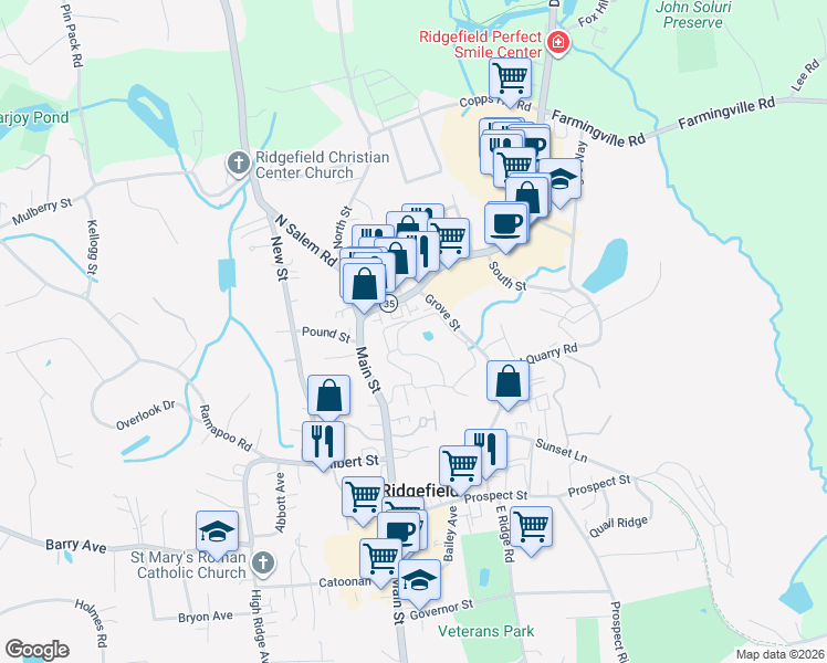 map of restaurants, bars, coffee shops, grocery stores, and more near 12 Stebbins Close in Ridgefield
