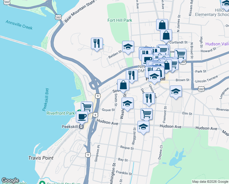 map of restaurants, bars, coffee shops, grocery stores, and more near 590 South Street in Peekskill