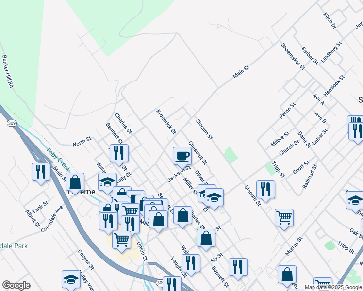map of restaurants, bars, coffee shops, grocery stores, and more near 203-249 Oliver Street in Swoyersville
